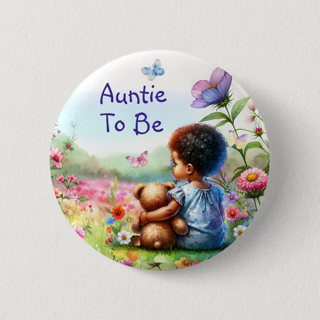 Baby Girl and Teddy Bear Baby Shower Auntie To Be 6 Cm Round Badge (Front)