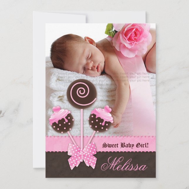 Baby Girl Announcement Invite Cake Pops Pink V (Front)