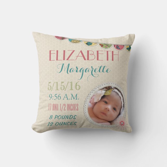 Baby Girl Announcement Photo Cushion (Front)