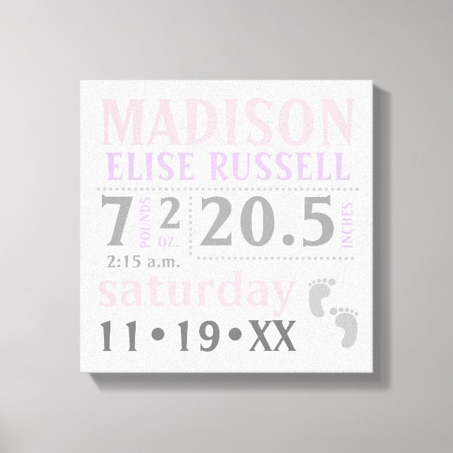 Baby Girl Announcement, pink, purple, grey Canvas Print (Front)
