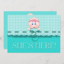 Baby Girl Announcement She' Here Baby Face Teal