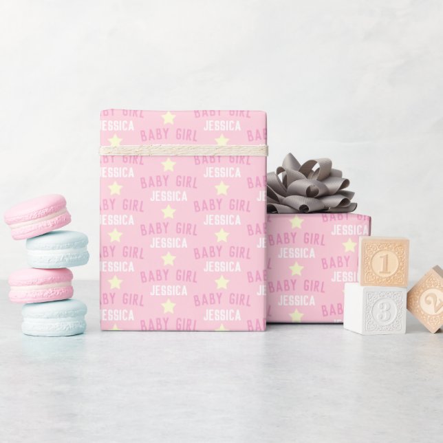 Baby Girl Any Name Stars Pattern Pastel Pink Wrapping Paper (Baby Shower)