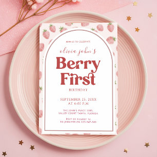 Baby Girl Arch Photo Berry First Birthday Party Invitation