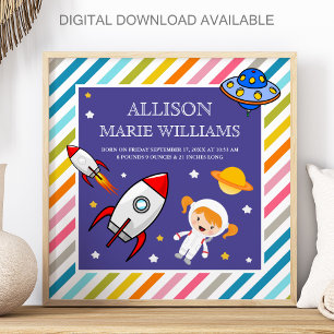 Baby Girl Astronaut Outer Space Rocket Birth Stats Poster