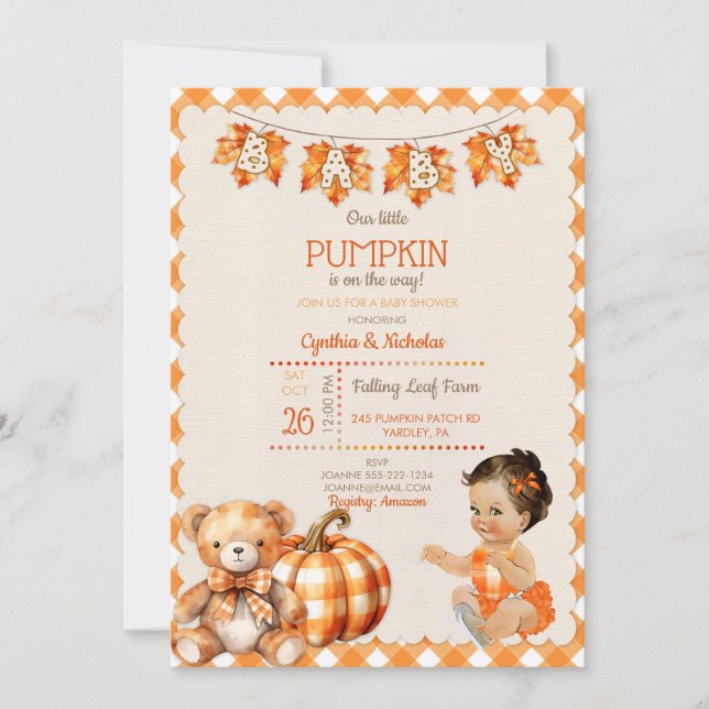 Baby Girl Autumn Plaid Teddy Bear Pumpkin Leaves Invitation (Front)
