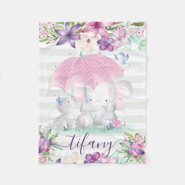Baby Girl Baby Blanket with  Floral Elephant (Front)