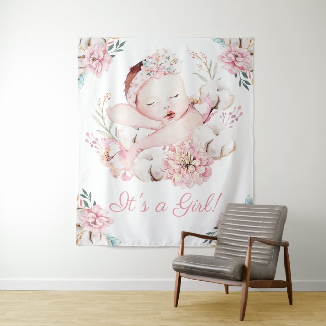 Baby Girl Baby Shower Backdrop Banners Tapestry (In Situ)