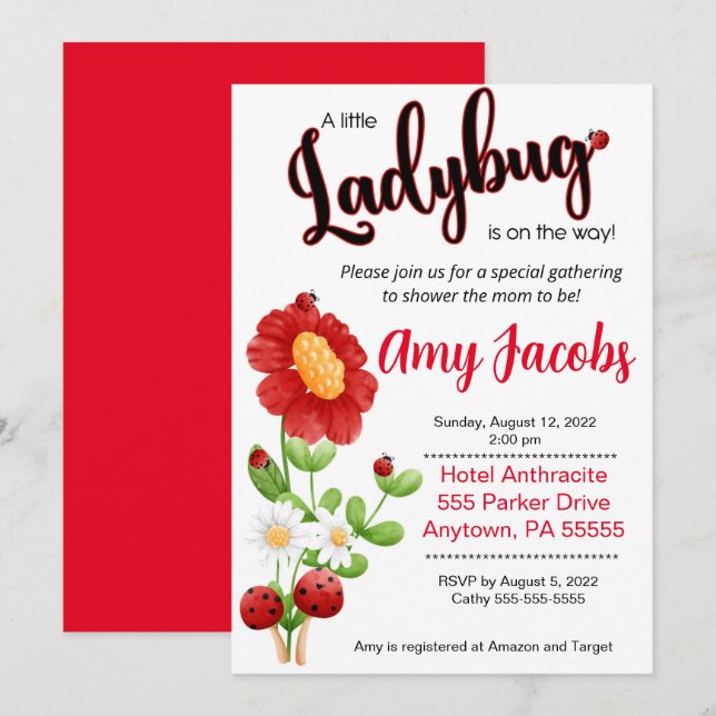 Baby girl baby shower invitation, ladybug invite (Front/Back)