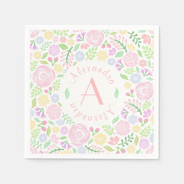 Baby Girl Baby Shower Monogram Floral Paper Napkin (Front)