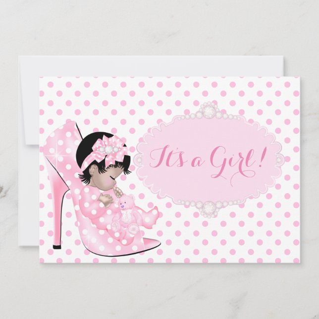 Baby Girl Baby Shower Pink White Polka Dots Asian Invitation (Front)