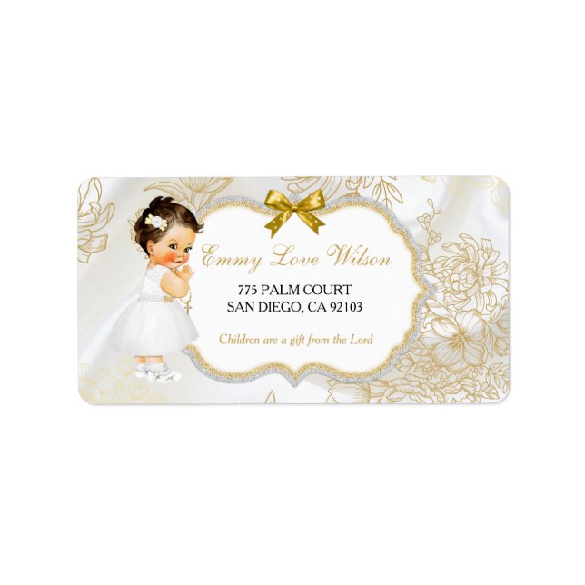 Baby Girl Baptism Christening Communion Gold White Label (Front)