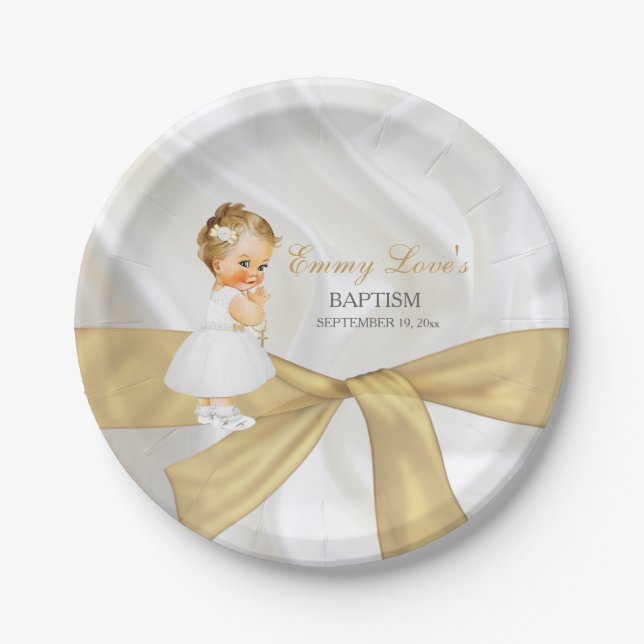 Baby Girl Baptism Christening Dress Cross Paper Plate (Front)