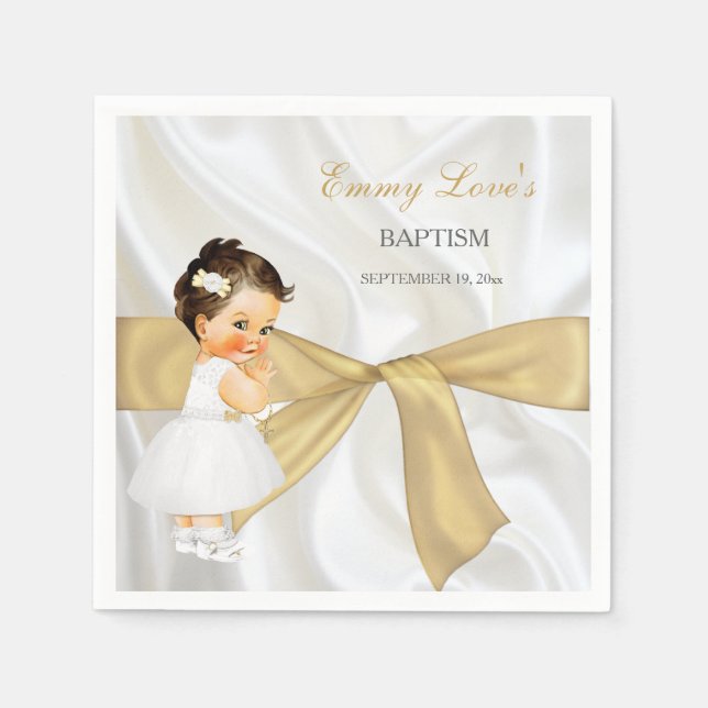 Baby Girl Baptism Christening Gold Bow Napkin (Front)