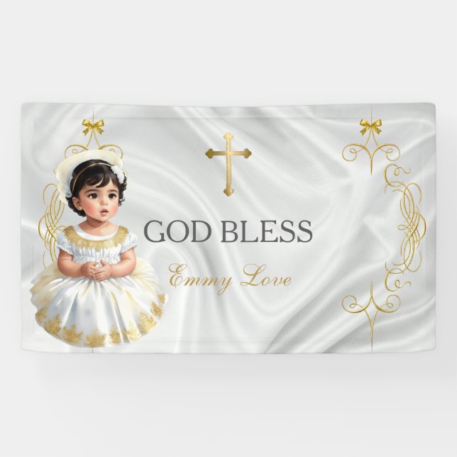 Baby Girl Baptism Christening Gold Cross Banner (Horizontal)