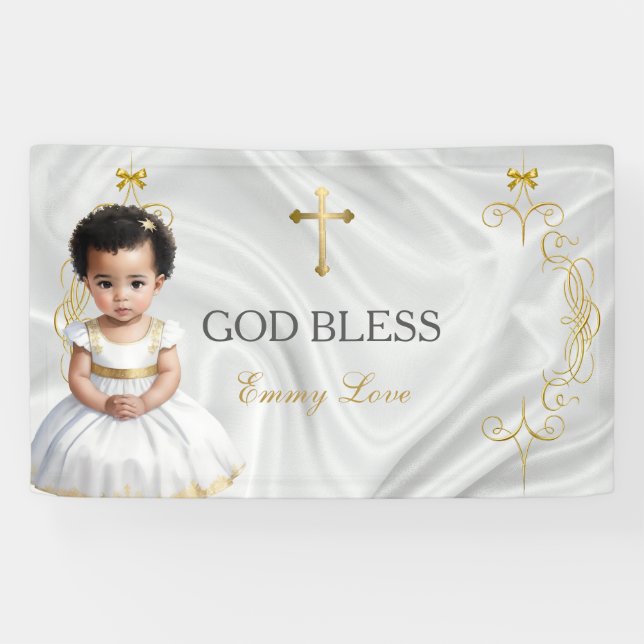 Baby Girl Baptism Christening Gold Cross Banner (Horizontal)