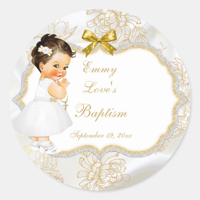 Baby Girl Baptism Christening Gold Cross Classic Round Sticker (Front)