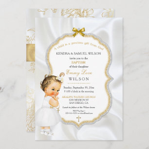Baby Girl Baptism Christening Gold Cross Glitter Invitation