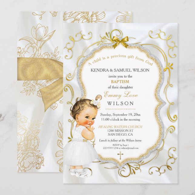 Baby Girl Baptism Christening Gold Cross Glitter Invitation (Front/Back)