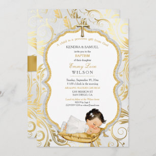Baby Girl Baptism Christening Gold Cross Invitation