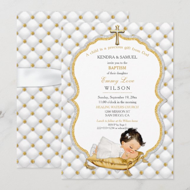 Baby Girl Baptism Christening Gold Cross Invitation (Front/Back)
