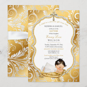 Baby Girl Baptism Christening Gold Cross Invitation