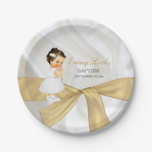 Baby Girl Baptism Christening Gold White Paper Plate