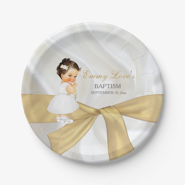 Baby Girl Baptism Christening Gold White Paper Plate (Front)