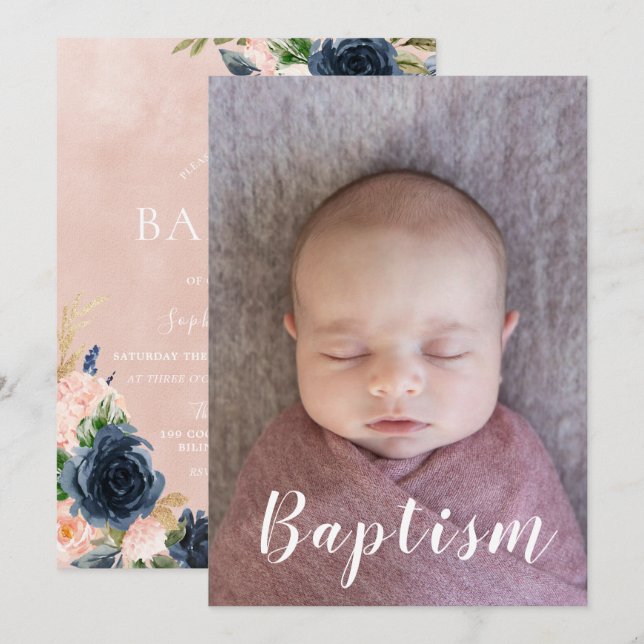 Baby Girl Baptism Christening Navy Blush Floral Invitation (Front/Back)