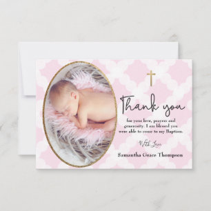 Baby Girl Baptism Christening Pink White Thank You Card