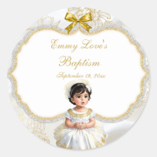 Baby Girl Baptism Christening White & Gold Classic Round Sticker