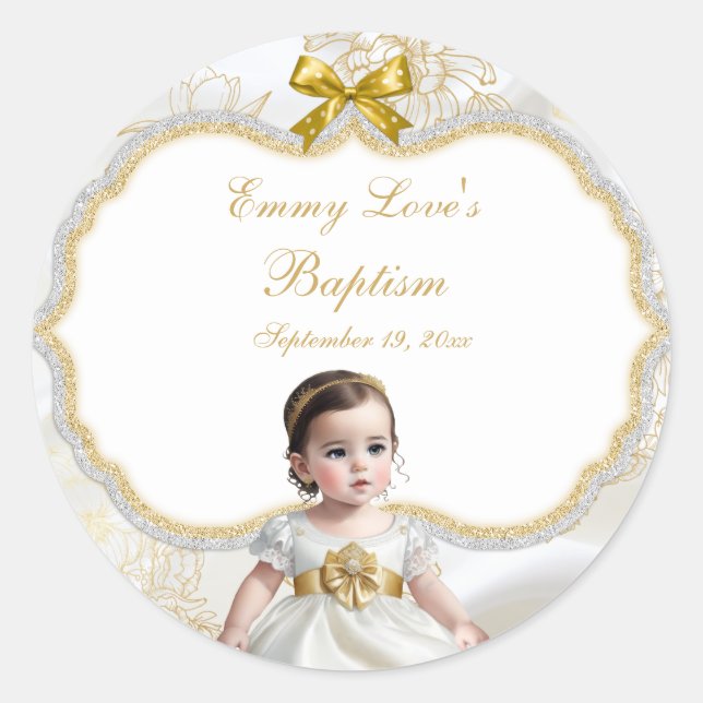 Baby Girl Baptism Christening White & Gold Classic Round Sticker (Front)