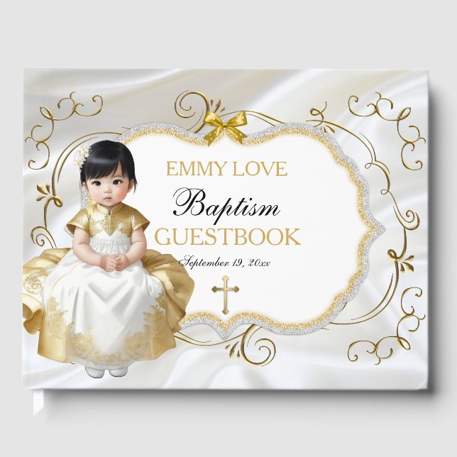 Baby Girl Baptism Christening White & Gold Cross Guest Book (Front)