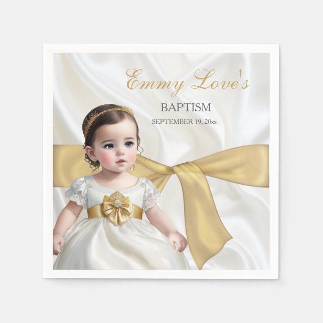 Baby Girl Baptism Christening White & Gold Napkin (Front)
