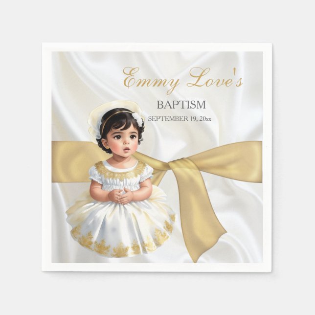 Baby Girl Baptism Christening White & Gold Napkin (Front)