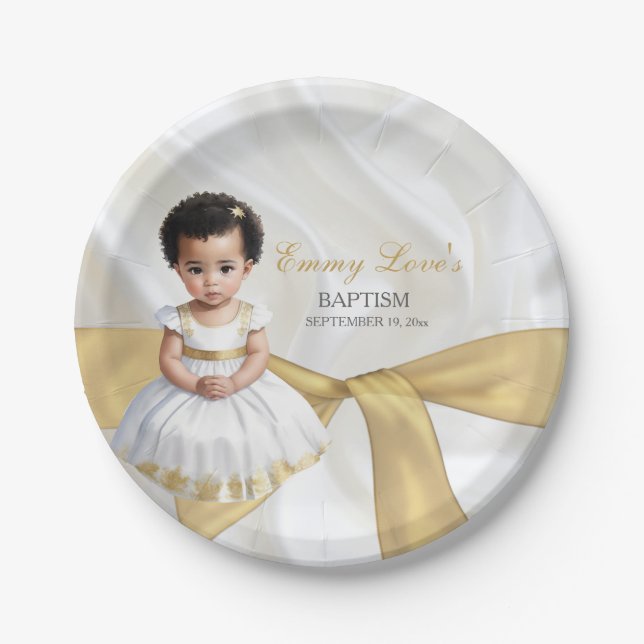 Baby Girl Baptism Christening White & Gold Paper Plate (Front)