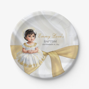 Baby Girl Baptism Christening White & Gold Paper Plate