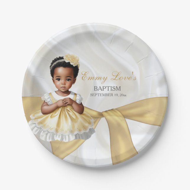 Baby Girl Baptism Christening White & Gold Paper Plate (Front)