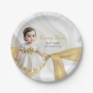 Baby Girl Baptism Christening White & Gold Paper Plate