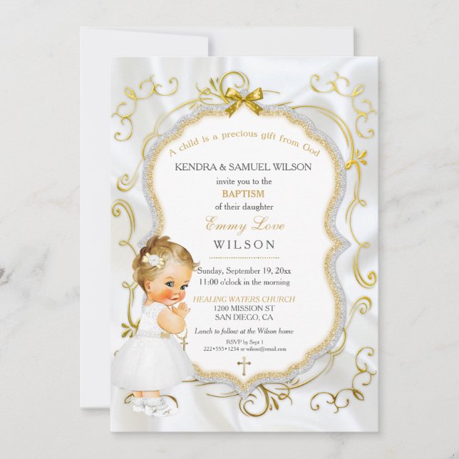 Baby Girl Baptism Communion Gold Cross Invitation (Front)