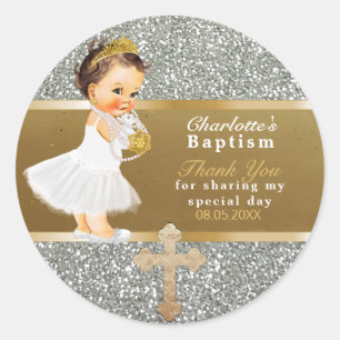 Baby Girl Baptism Favour   Thank You Gold Silver Classic Round Sticker