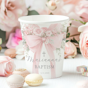 Baby Girl Baptism Floral Blush Pink Bow Paper Cups