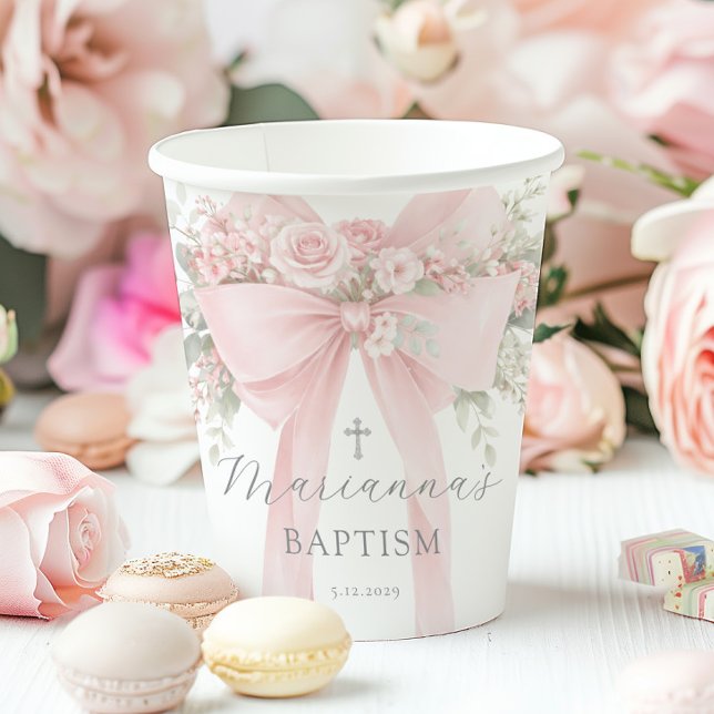 Baby Girl Baptism Floral Blush Pink Bow Paper Cups (Creator Uploaded)