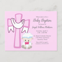 Baby Girl Baptism Little Lamb Cute Pink Invitation
