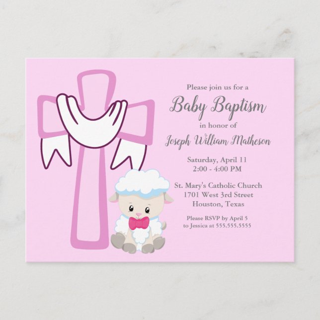 Baby Girl Baptism Little Lamb Cute Pink Invitation Postcard (Front)