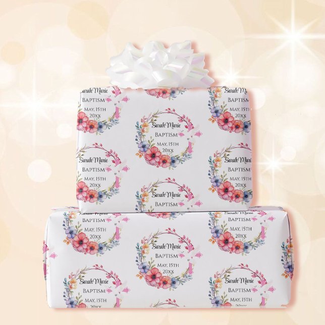 Baby Girl Baptism Name Date Pink Floral Cross Dove Wrapping Paper (Creator Uploaded)