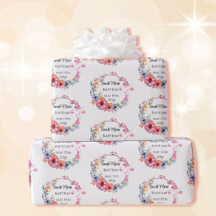 Baby Girl Baptism Name Date Pink Floral Cross Dove Wrapping Paper