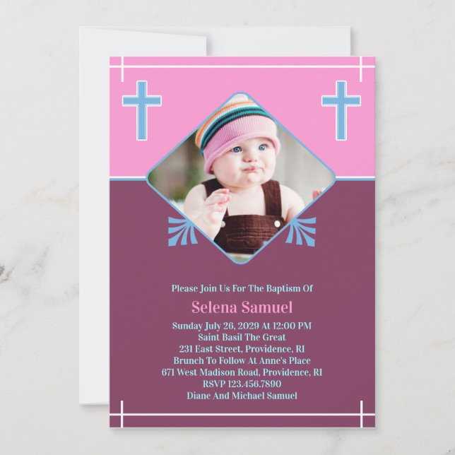 Baby Girl Baptism Photo Flat Invitation (Front)