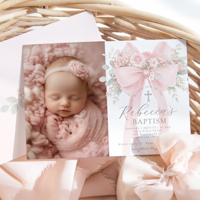 Baby Girl Baptism Photo Floral Eucalyptus Bow Invitation (Creator Uploaded)