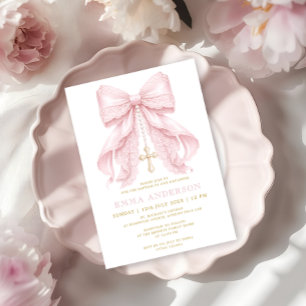 Baby Girl Baptism Pink Bow Invitation