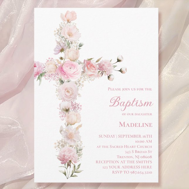 baby girl Baptism pink floral cross  Invitation (Creator Uploaded)
